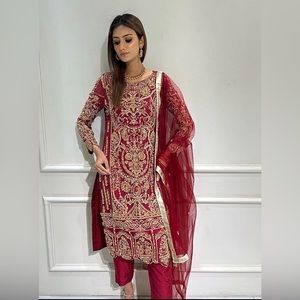 Salwar Kameez Red Readymade Party Wear, Georgette Anarkali Kurta With Churidar